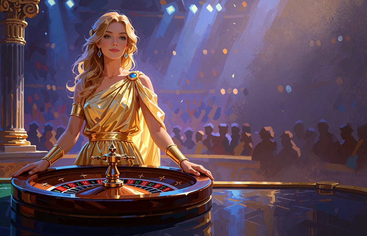 Krupierka w złotej greckiej sukni przy kole ruletki w arenie kasyna na żywo Hercules Casino