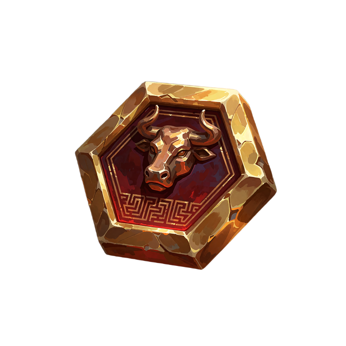 Złoty heksagonalny medalion z bykiem Minotaura i wzorem labiryntu - ikona slota Minotaur's Labyrinth