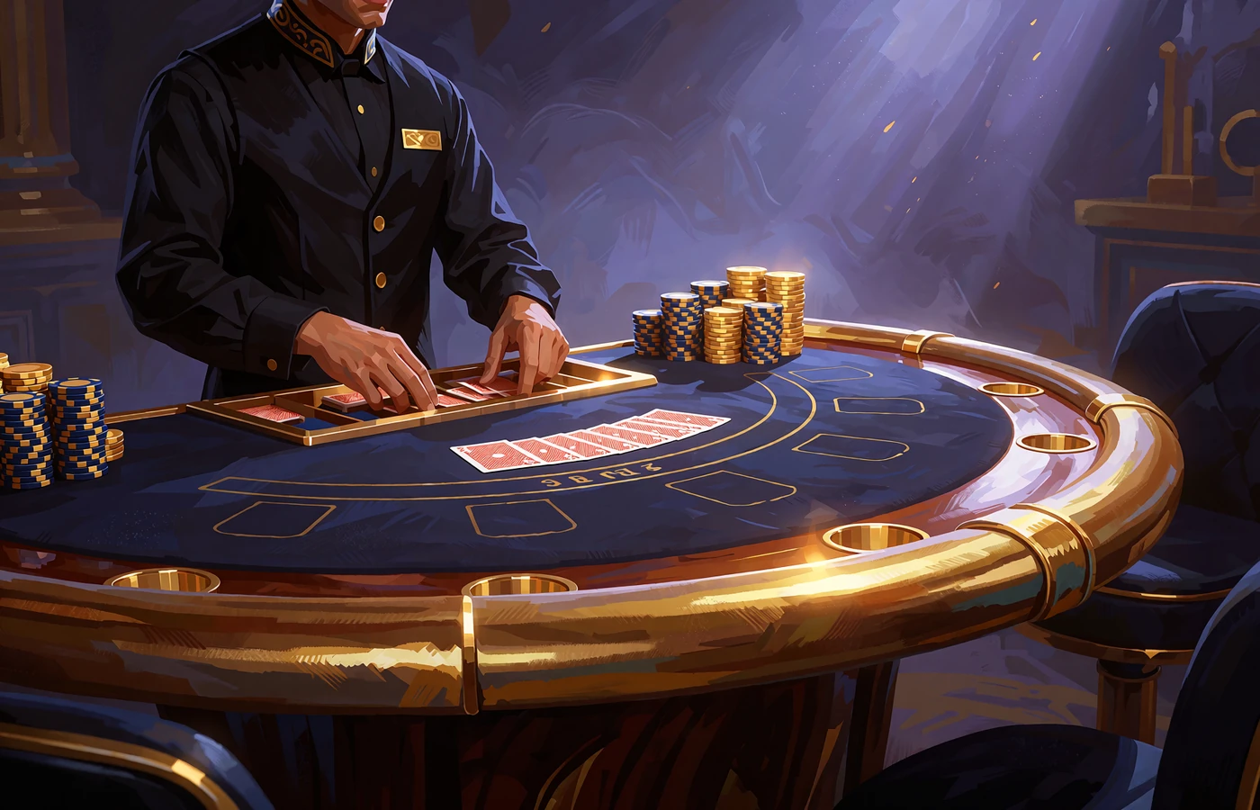 Krupier przy stole blackjack z kartami i żetonami w kasynie na żywo Hercules Casino