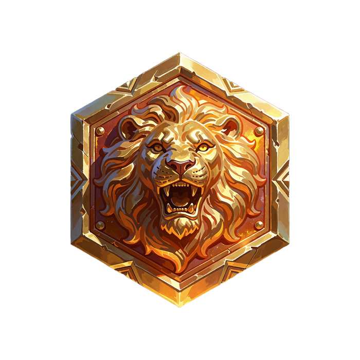 Emblemat ze złotą głową lwa w heksagonalnej ramie - ikona slota Golden Lion Riches