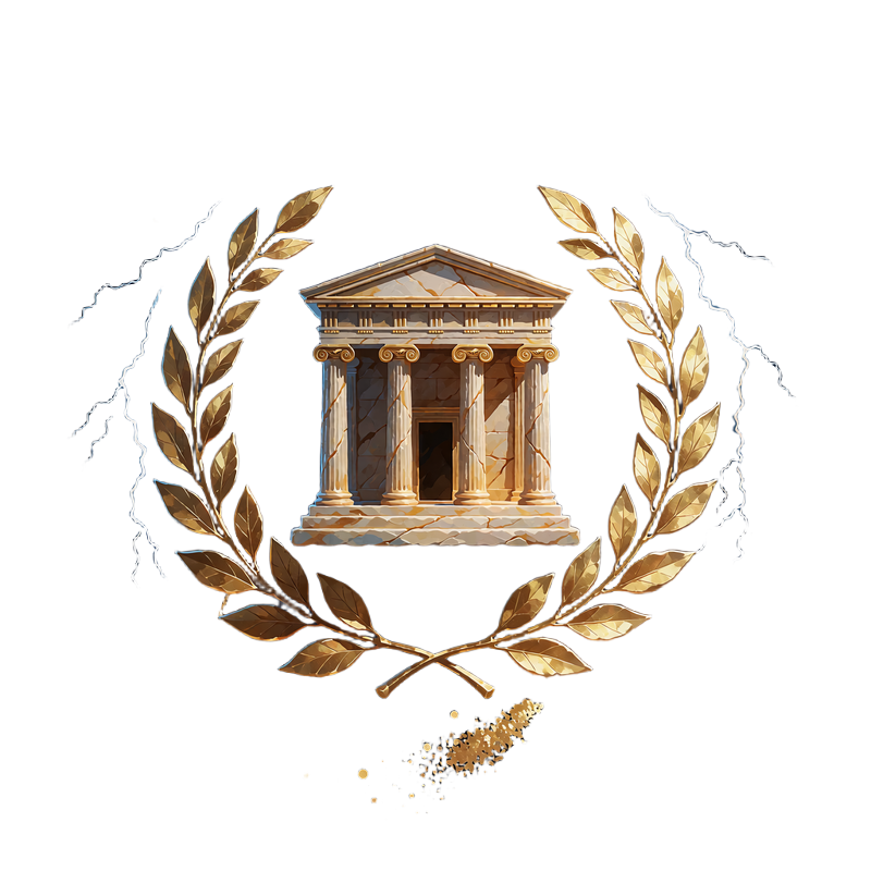 Złoty wieniec laurowy z unoszącą się marmurową świątynią i błyskawicami - emblemat Weekend of the Gods