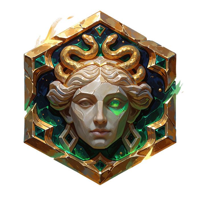 Szmaragdowy medalion z twarzą Meduzy i wężami we włosach - ikona slota Medusa's Gaze